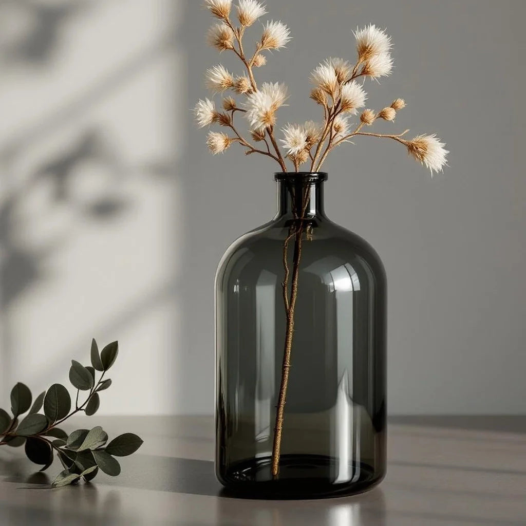 Decorative Glass Bottle Vase in Smoke Gray